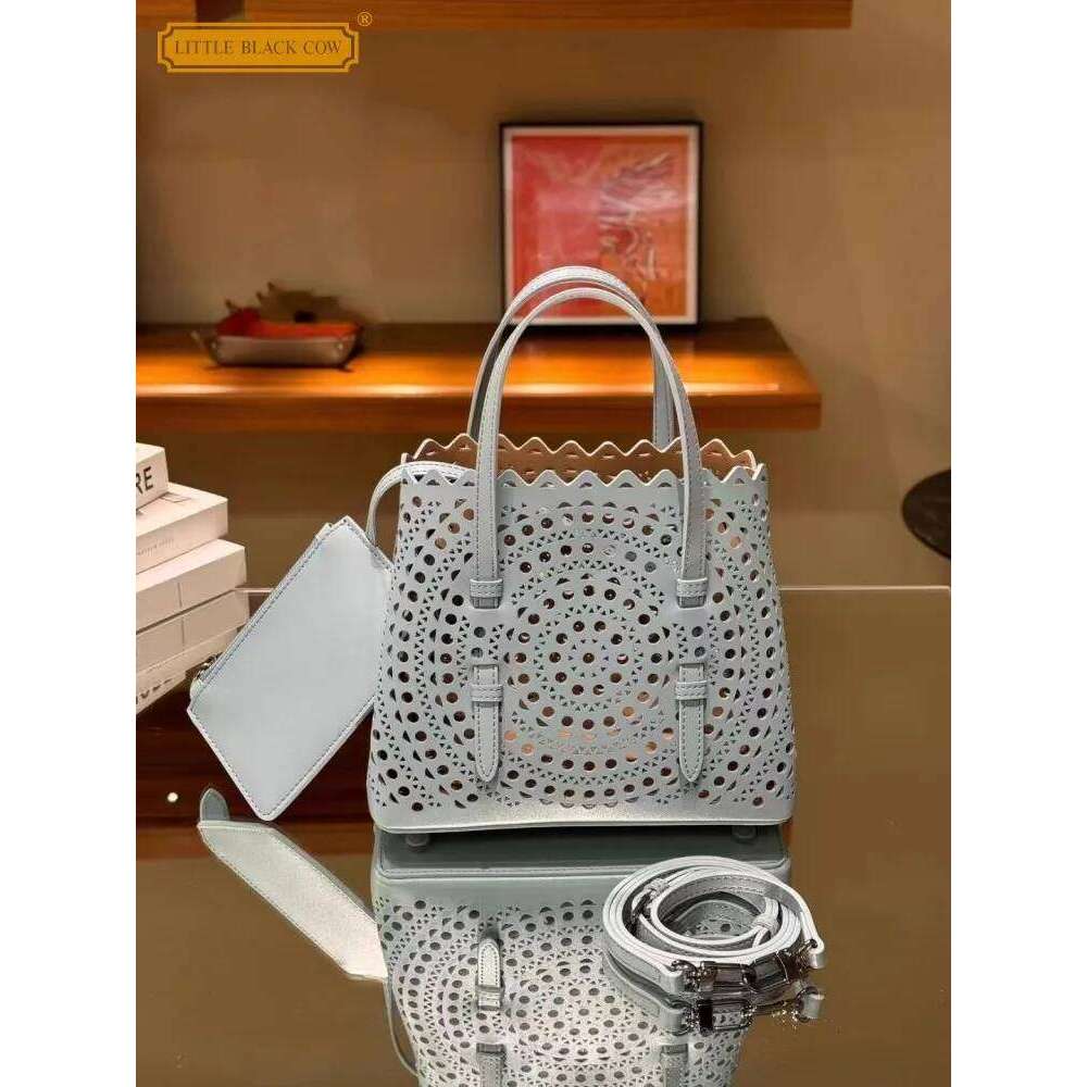 Bucket Style Soft Women Casual Cowhide Real Leather Hollow Out Shoulder Bag Multifunctional Fashionable Handbag Tote Solid color