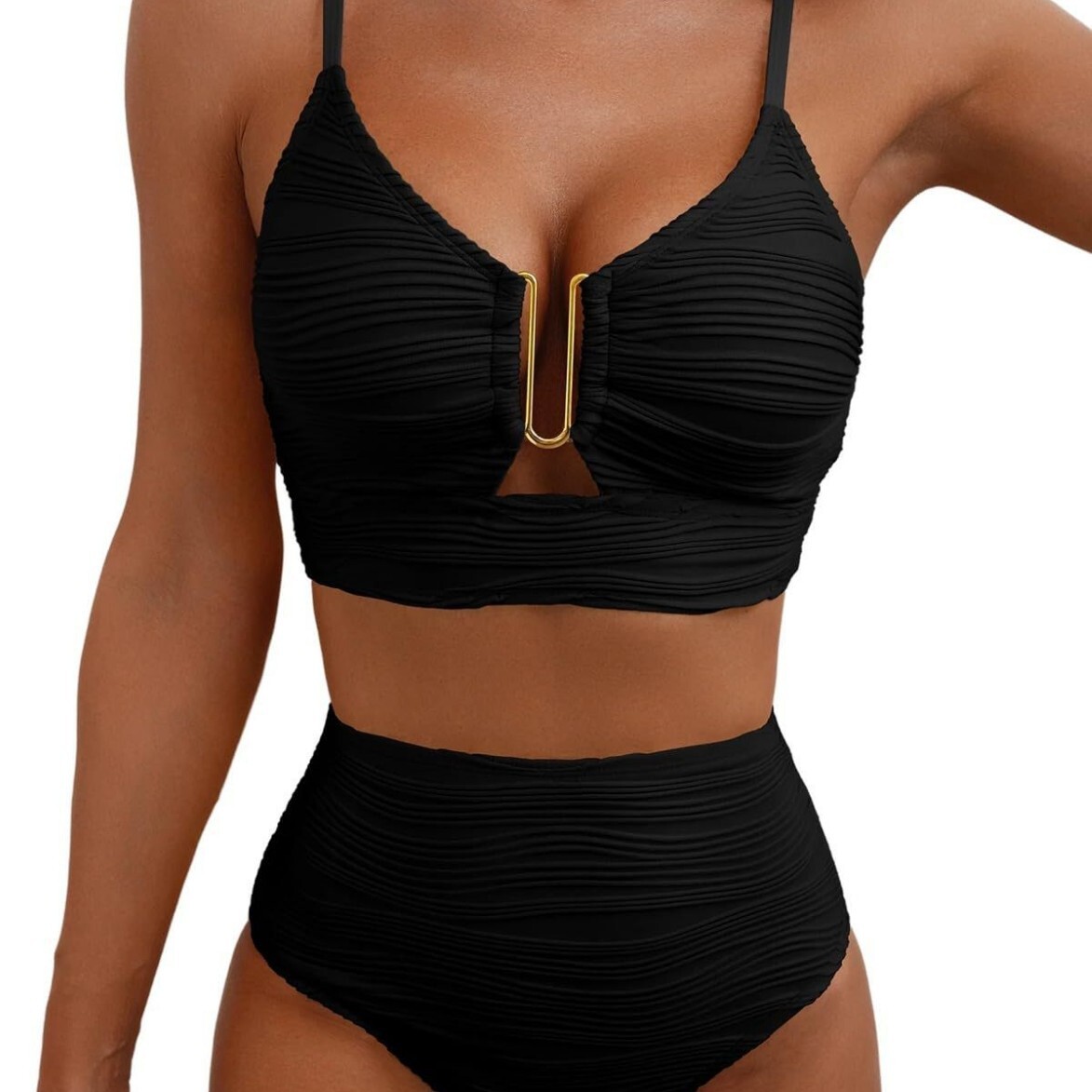 Outdoor Summer Beach Sexy Women Free Shipping 2025 New Designer Shoes 2025 New V-neck Hollow Out With High Waist Texture Pleated Swimsuit For Women, B