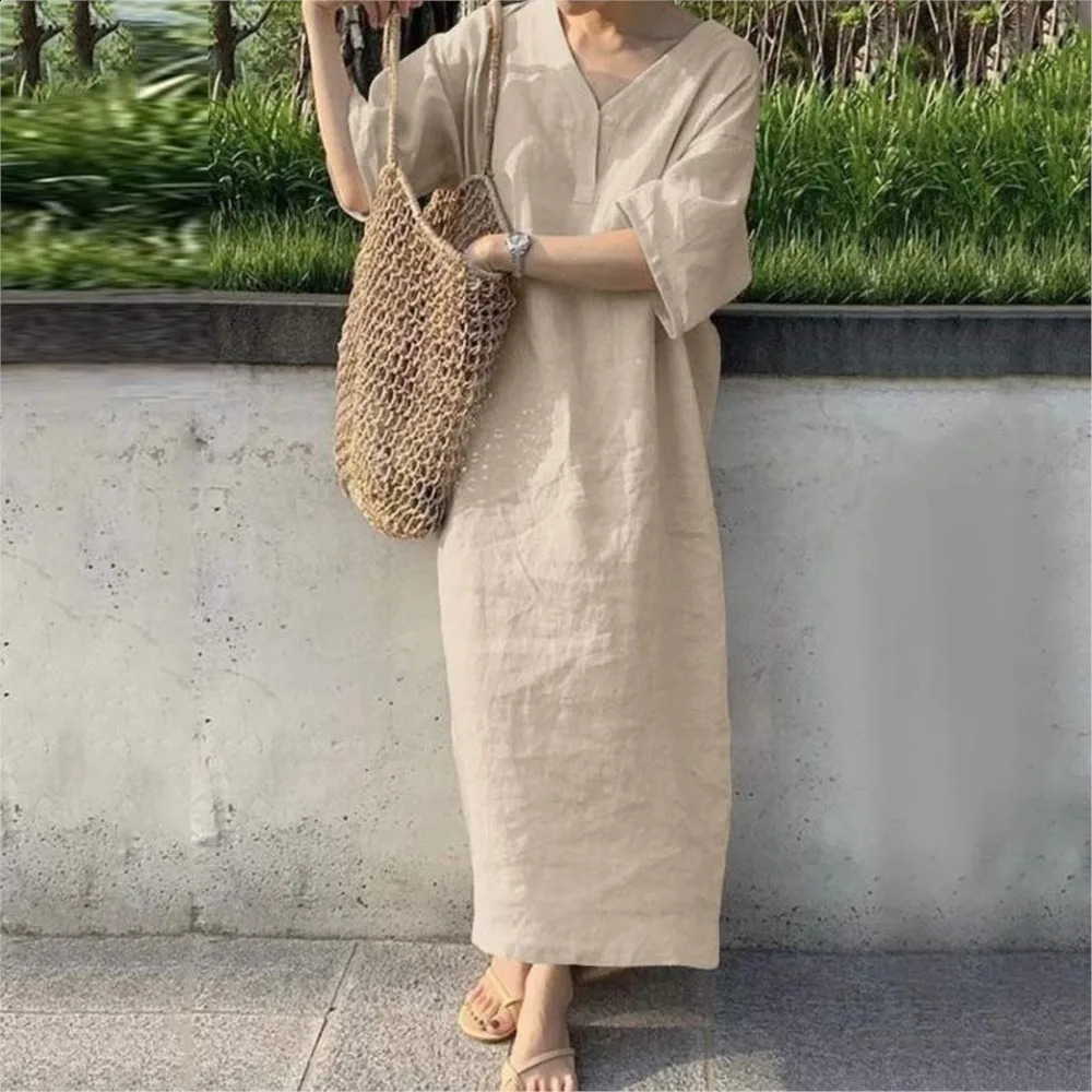 Cotton And Linen Dress For Women Summer Short Sleeve V-neck Solid Color Casual Loose Long Dress Elegant Womens Clothing 250529
