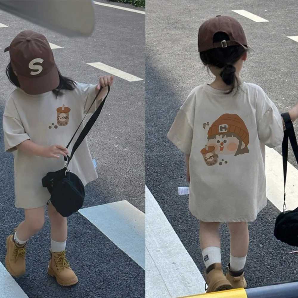 2025 new pure cotton short-sleeved T-shirt for boys and girls cartoon print loose mid-length summer casual breathable top T250603