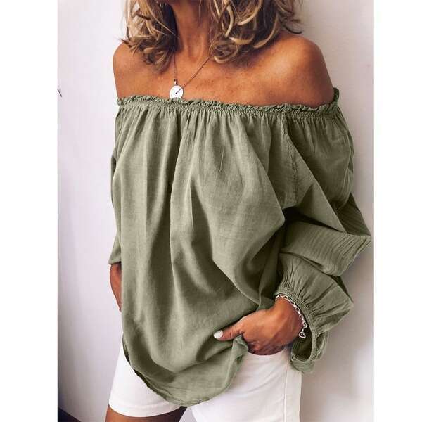 Autumn Winter Off-Shoulder Elastic Pleated Cotton Linen Solid Color Long Sleeve Women's Shirt B5
