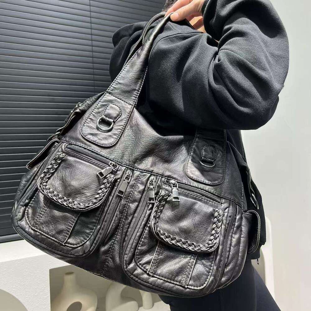 Women's bags Fashion Y2k Trendy Multi-Pocket Washed Tote Large Capacity Vintage Shoulder Bag