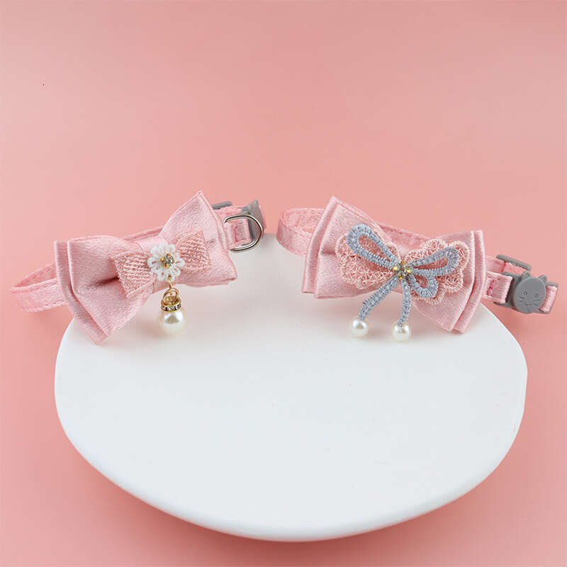 Fairy Pink Lace Bowknot Beaded Cat Collar Bell Pet Supplies