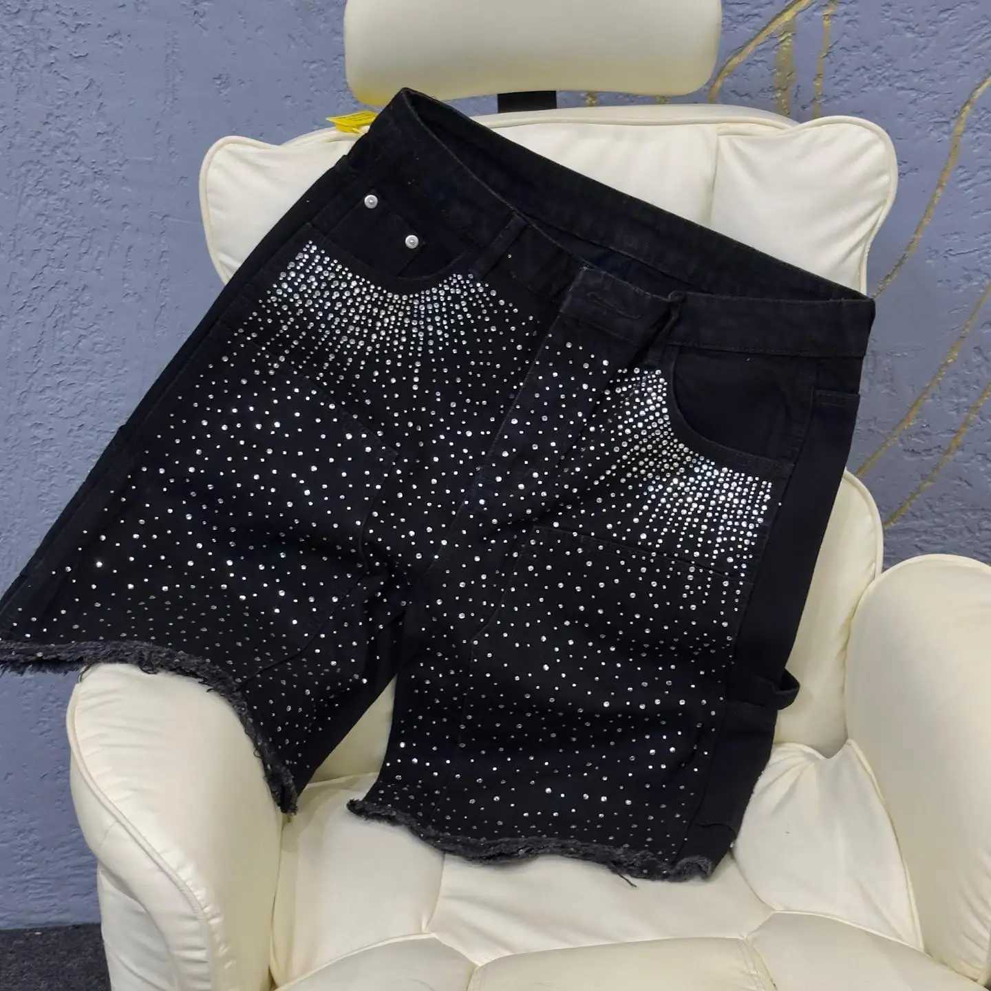 Mens and Womens Vintage Rhinestone Sequin Denim Shorts Y2K Jeans Hip Hop Retro Sports Shorts Low Waist Casual Shorts Streetwear T250603