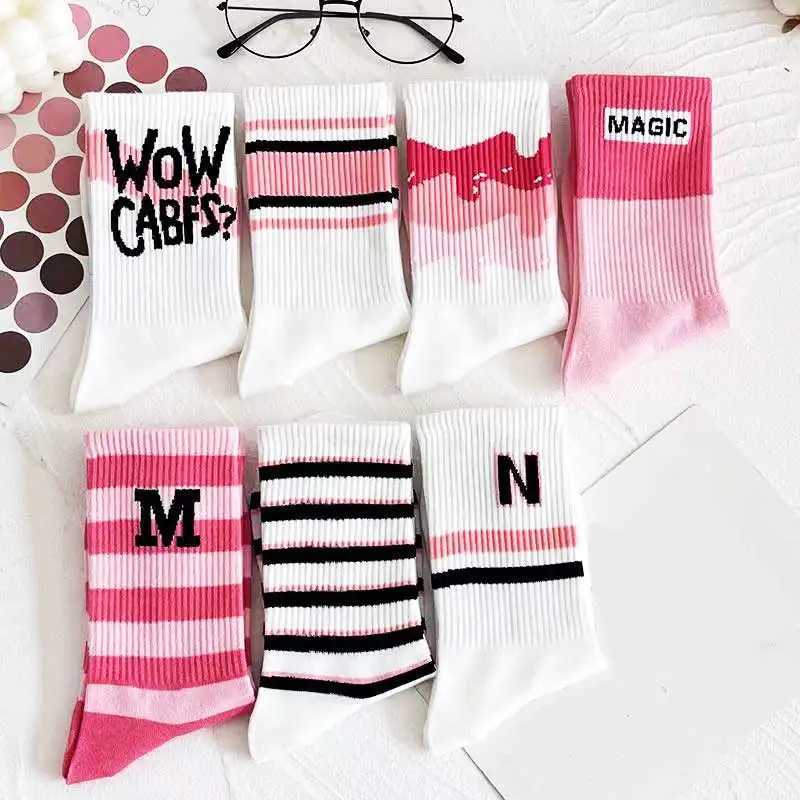 Women Sports Socks Pink Preppy Y2K Funny Socks Girls Striped Socks White Funny Socks With Print Harajuku 4 Pair T250602