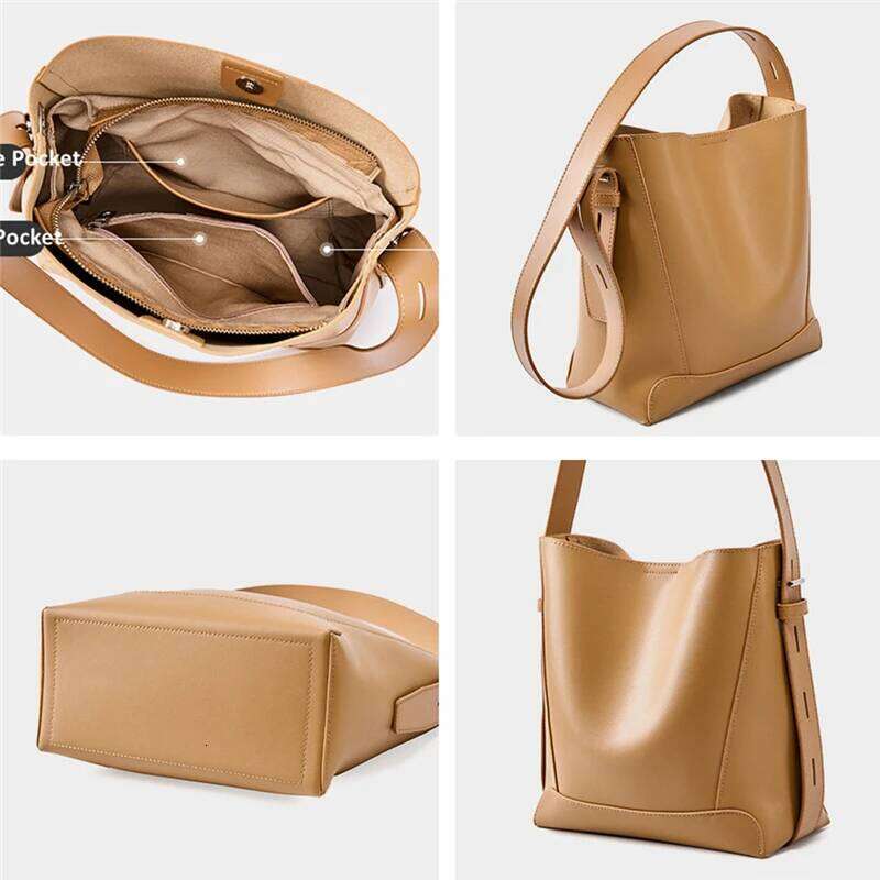 Hifashion Trendy Cow Genuine Leather Bucket Shoulder Bags For Women 2025 Designer Shopping Work Crossbody Ladies Handbags