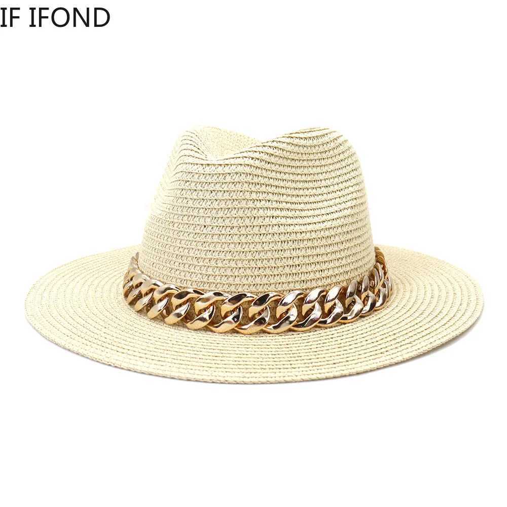 Fashion Gold Chain Belt Panama Straw Hats For Women Summer Breathable Beach Sun Hats Elegant Ladies Party Jazz Hat W250602