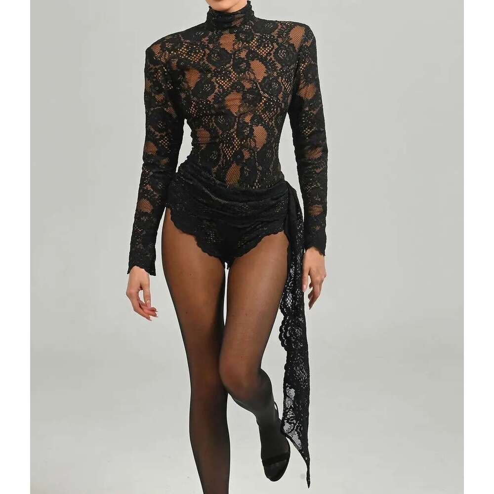 2024 New Autumn White Black Women Sexy Long Sleeve Lace Bodycon Draped Bodysuit Fashion Performance Costume Stage Wear