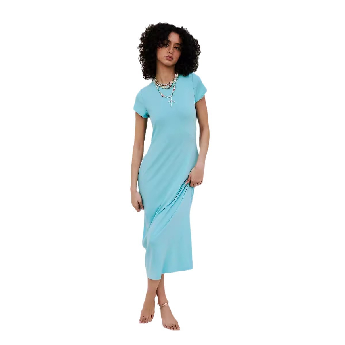 women's wear 2024 New Summer Hot Item Solid Color Sexy Short Sleeve Slim Fit Bodycon Dress for Women