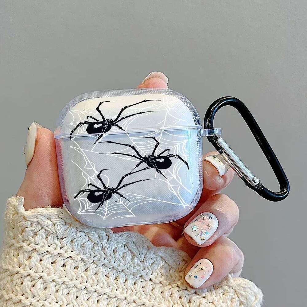 Black Spider Pattern Earphone Case Pro/Pro2 TPU Clear With Keychain For 3/4 Silicone Soft Protective Cover