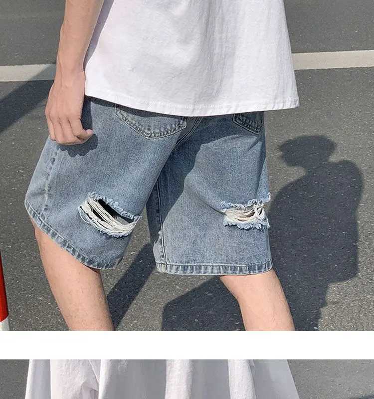 Mens New Loose and Versatile Straight Wide-leg Five-point Ripped Denim Shorts T250603