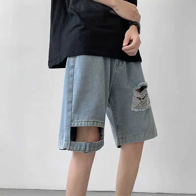 Baggy Male Denim Shorts Half Retro Blue Ripped Mens Short Jeans Pants Harajuku Popular Vintage Summer Buttons XL Emo Thin Jorts T250603
