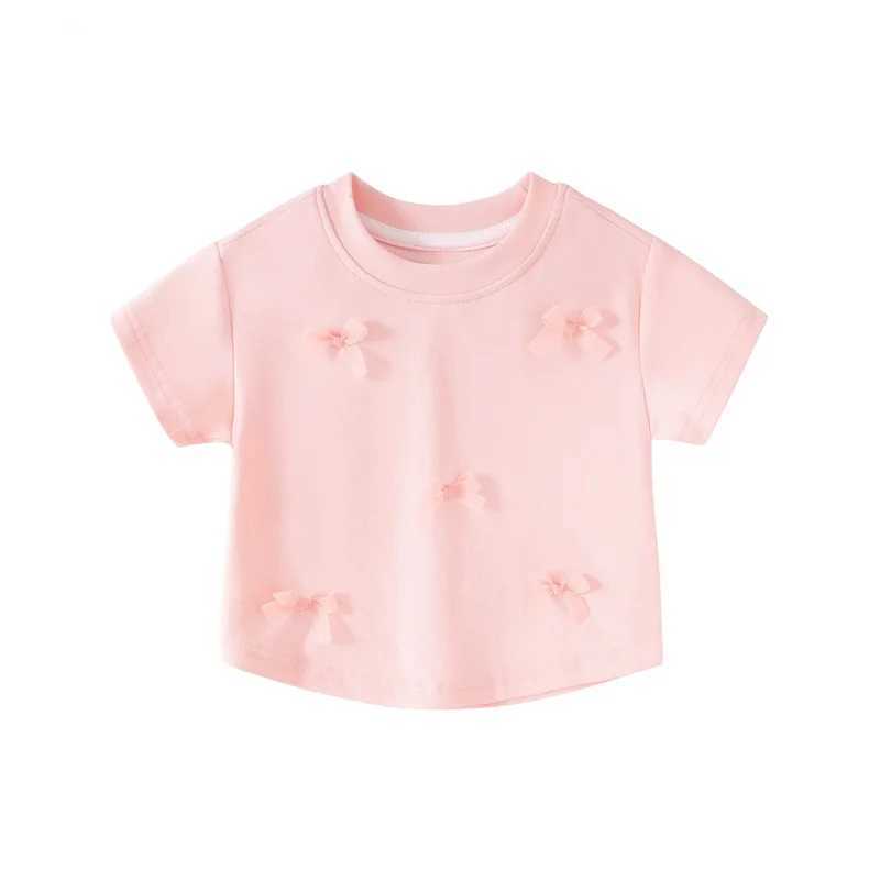 Girls Knotbow T-Shirt Summer Printed Short Sleeved Top New Children Thin Simple Versatile Clothes 2-8 Years T250603
