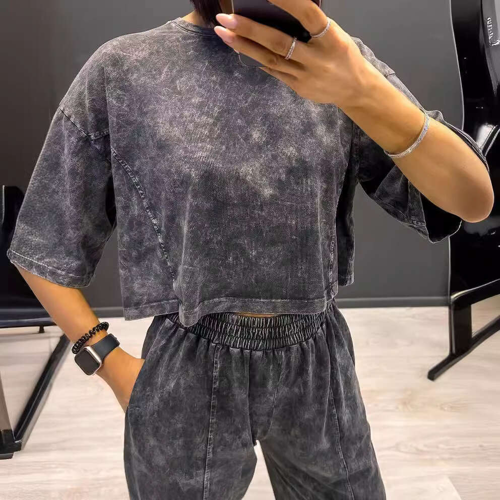 Vintage Washed Short Sleeve T-Shirt Straight High Waist Long Pants Set Women's Fashion Casual High-End B5