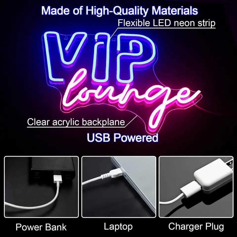 VIP Lounge Neon Sign USB Powered LED Light On/Off Switch Night Lamp Up Sign Wall Decor for Business Office Room Party Bar Hotel XJ250602