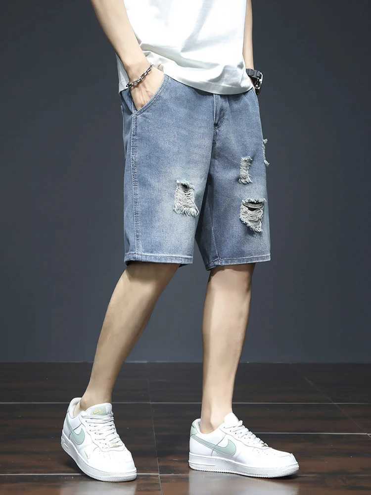 Summer Mens Blue Denim Shorts Y2k Cotton Loose Straight Ripped Fashion Shorts Men Korean Trendy Casual Streetwear Short Jeans T250603