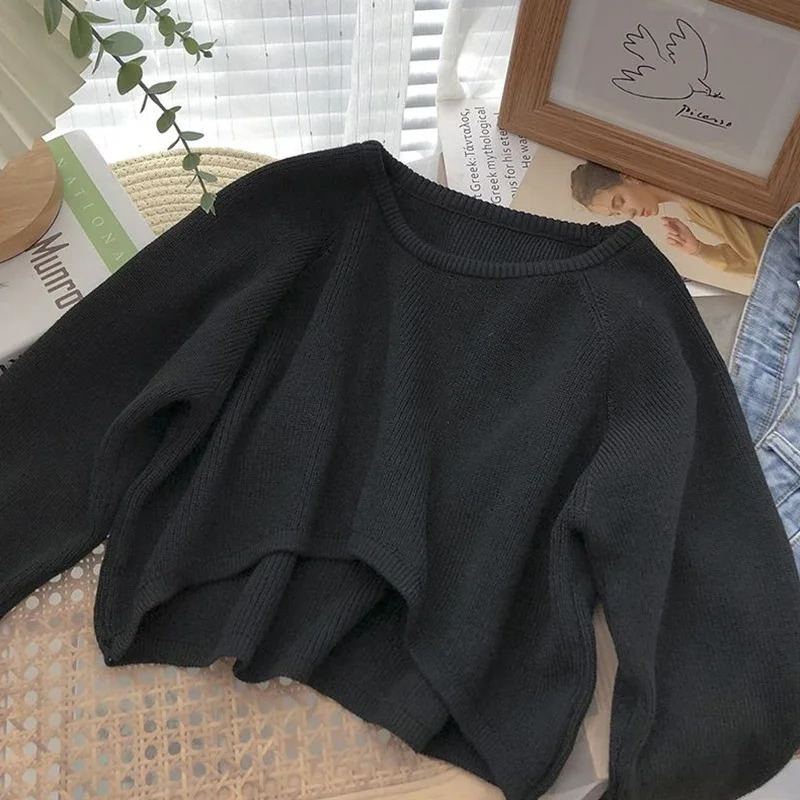Xpqbb Women Cropped Sweater Jumpers Vintage Streetwear Knitting Pullovers Female Harajuku Simple Loose Casual Sweaters 250603