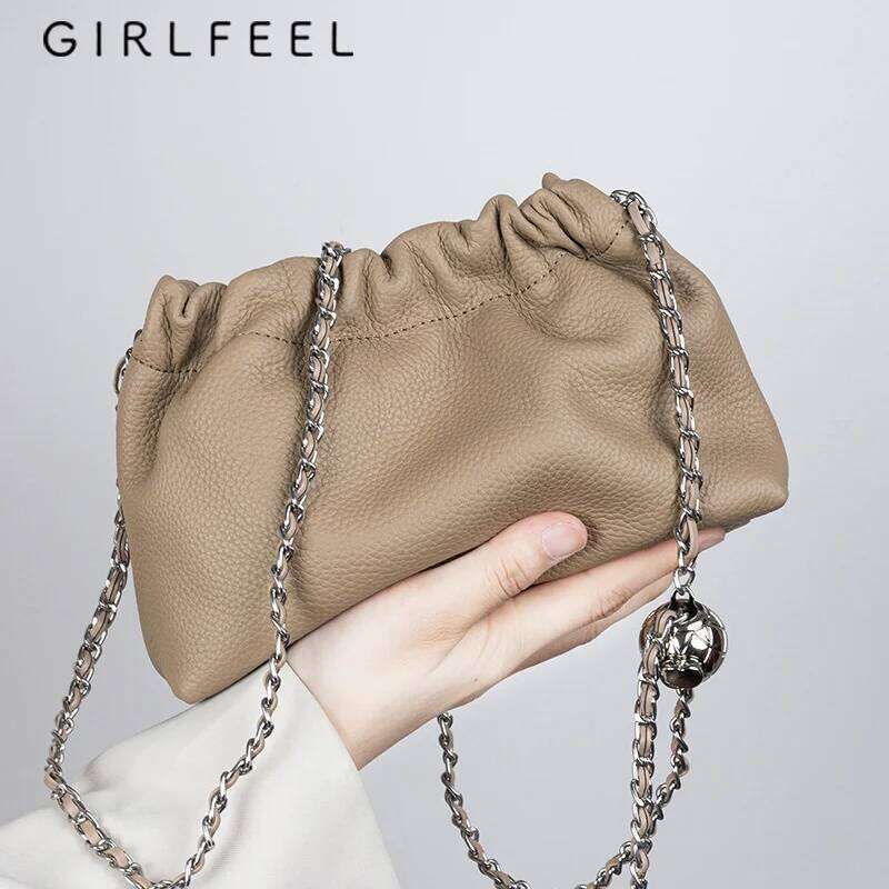 First Layer Cowhide Cloud Dumpling New Niche Design Small Ball Chain Shoulder Fashion Women's Crossbody Bag 5