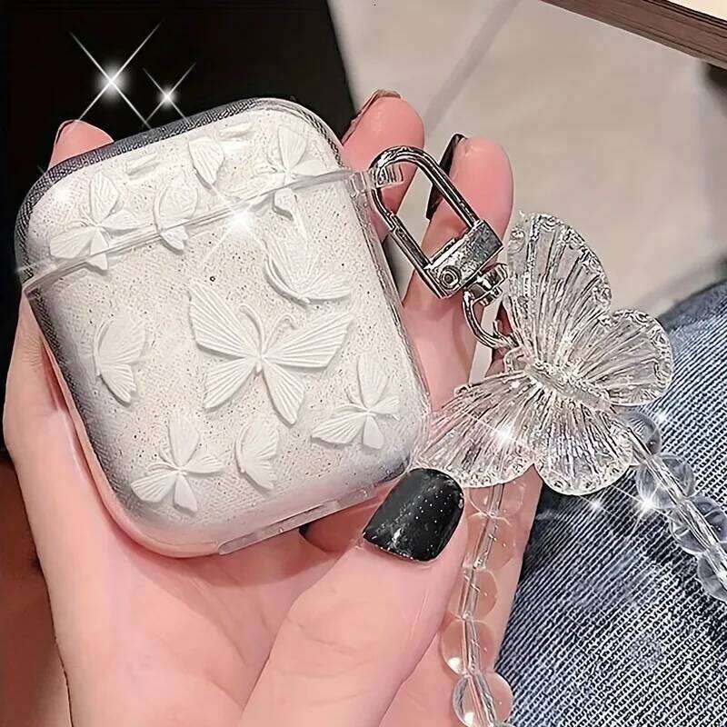 Crystal Butterfly Pendant Bead Bracelet Apple 4 /3 For Pro/ Pro2 Earphone Case With Keychain