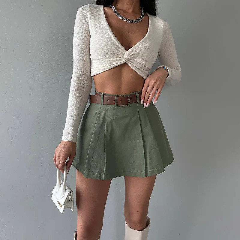 Retro Solid Color Womens Shorts Skirt Spring Casual Womens High Waist Pleated Mini Skirt Womens Street Slim Shorts Belt 250603