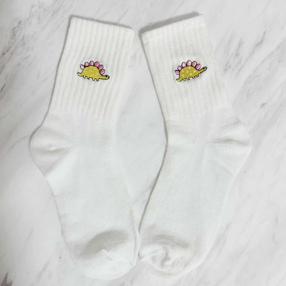 5 Pairs/Pack Cute Women Embroidery Dinosaur Socks White Lovely Cartoon Animal Vintage Short Novelty Crazy Funny Cozy SocksT250602
