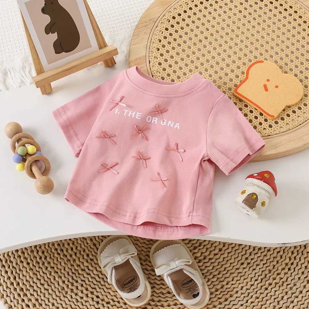 Childrens Girls T-Shirts Butterfly Knot Letter Printing Short Sleeve Top Kids Cotton Tees Clothes for Baby Girls 1 To 5 Years T250603