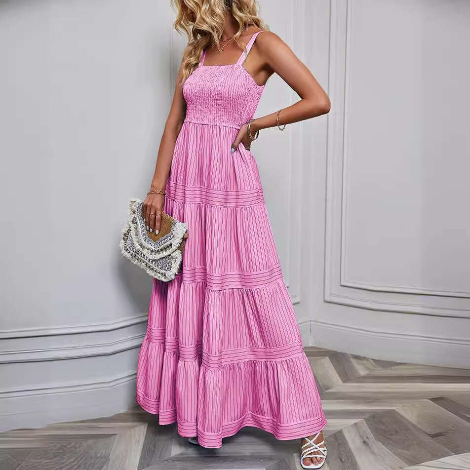 Self-Shot Spring/Summer New Women's Fashion Striped Waist-Cinching Vacation Dress B5