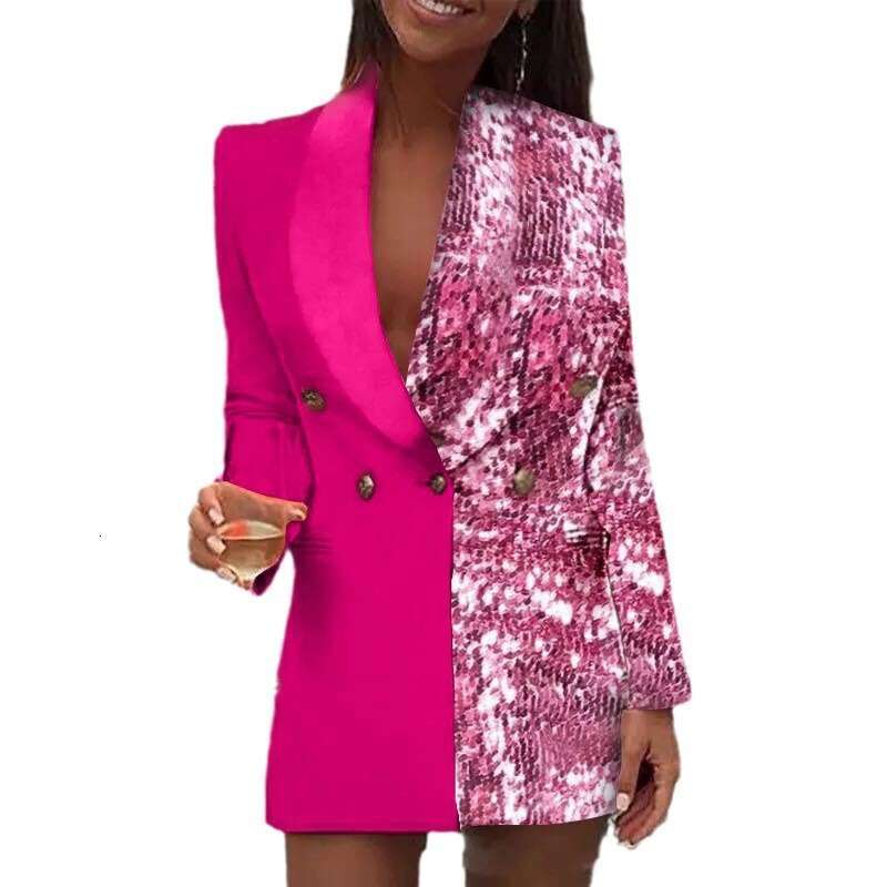 New Two-Tone Patchwork Printed Blazer Sexy Deep V Casual Party Dress B5