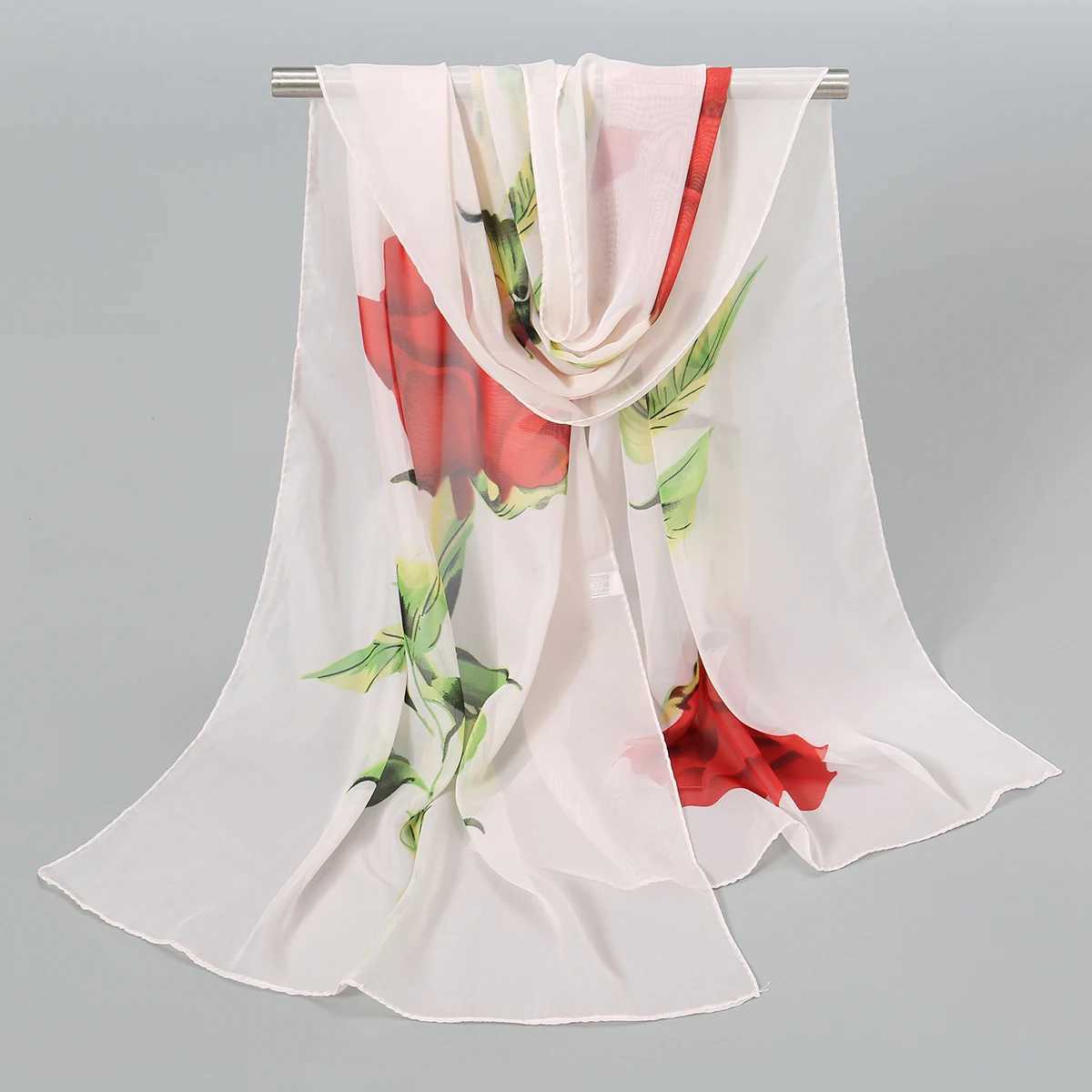 150*50cm Floral Printed Scarf Women Thin Light Chiffon Shawl Breathable Beach Towel Luxury Foulard Silk Feeling Hair Wrap Pareos W250602