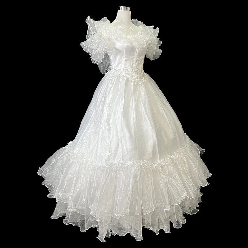 Vintage Princess White Lace V Neck Short Ruffle Sleeve Beading Pearls Backless Lace Up Antique Customized Wedding Dress