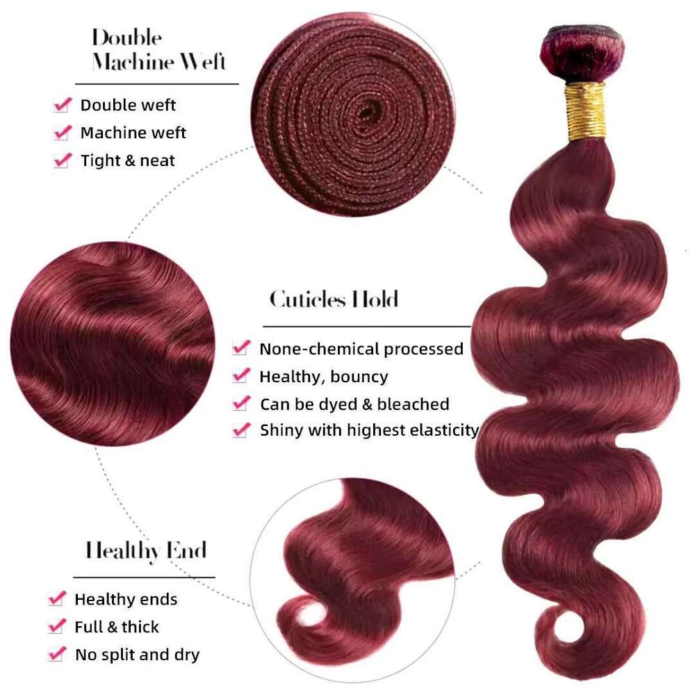 40 Inch 99J Body Wave 100% Unprocessed Human Hair Virgin Brazilian 3/4/5 Double Weft Extension Wine Red Bundles