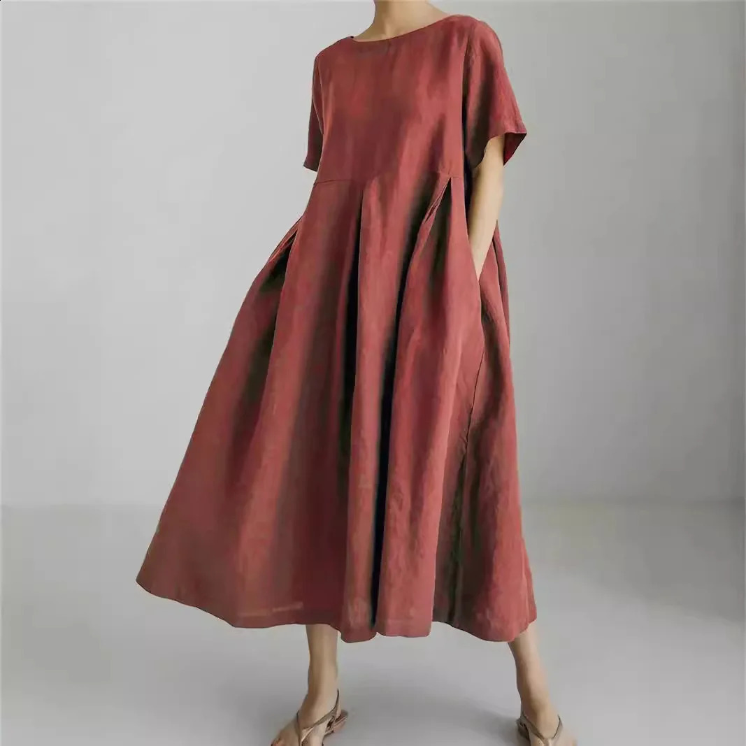 Loose Plus Size Dress 5-Color Round Neck Pullover Cotton Linen Fashion Casual Vacation Style Solid Color Sweet Women Long Skirt 250529
