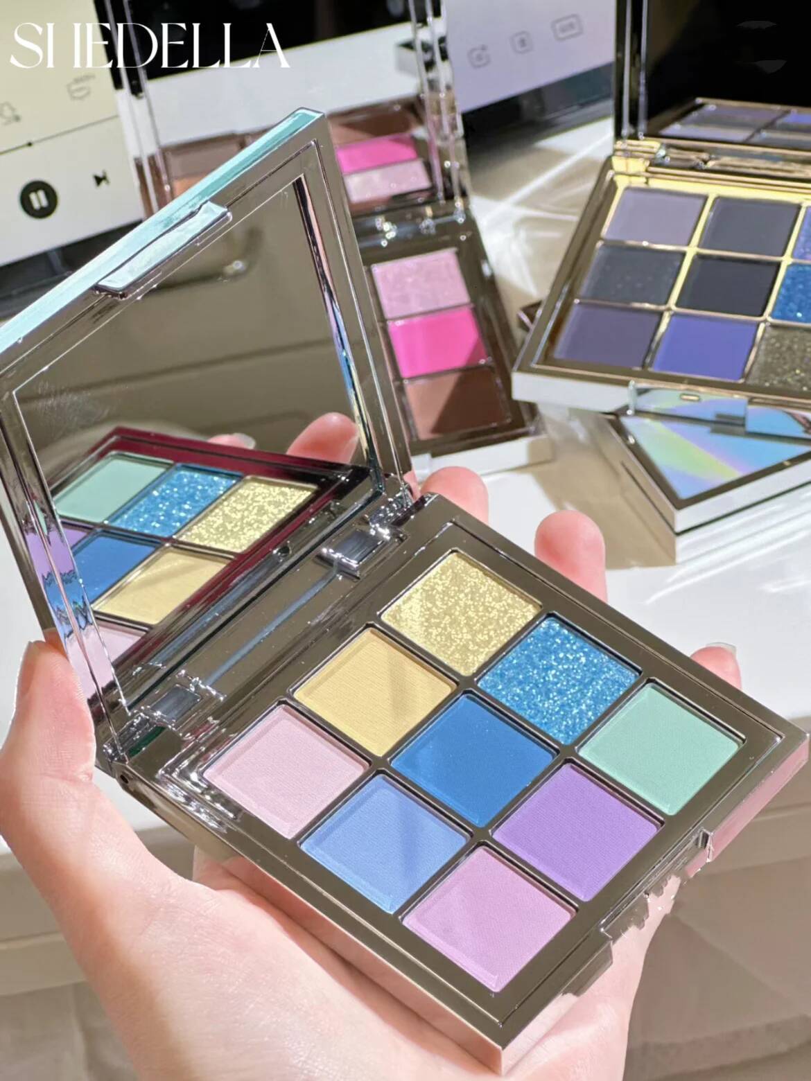 Shedella 9 Color Eyeshadow Palette aron Matte Pearlescent Glitter Waterproof Lasting Play Blue Smoky Novice Makeup