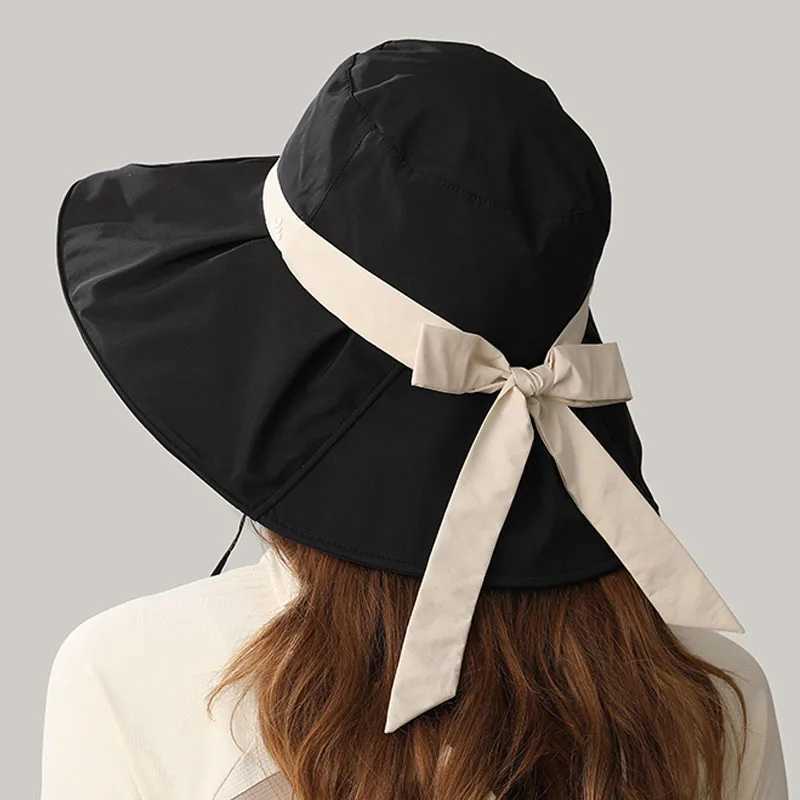 Panama 2025 Summer Black Bow Bucket Hat Women Fashion Korea Bob Cotton Fisherman Hat Sun Hat Fishing Cap Fisherman Hat W250602