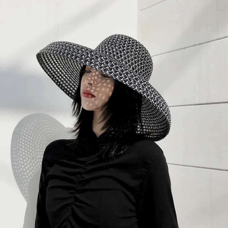 Summer PP black and white straw hat sun hat sunscreen holiday seaside beach big brim summer sun hat W250602