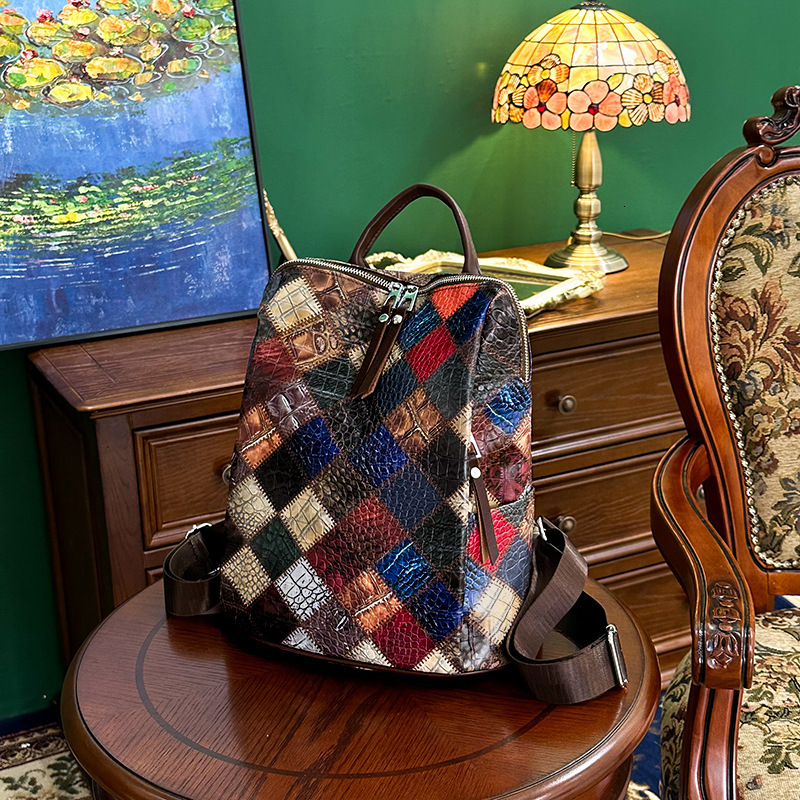 Free Shipping Colorful Backpack Versatile Trendy Designer Bag Outdoors Quilted Travel Backpack Patchwork Cowhide Trendy Snake Skin Pattern Women'