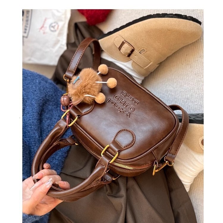 Vintage women s bowling bag spring and summer shoulder crossbody bag coffee fashion colored handbag fashion designer women s shoulder bag