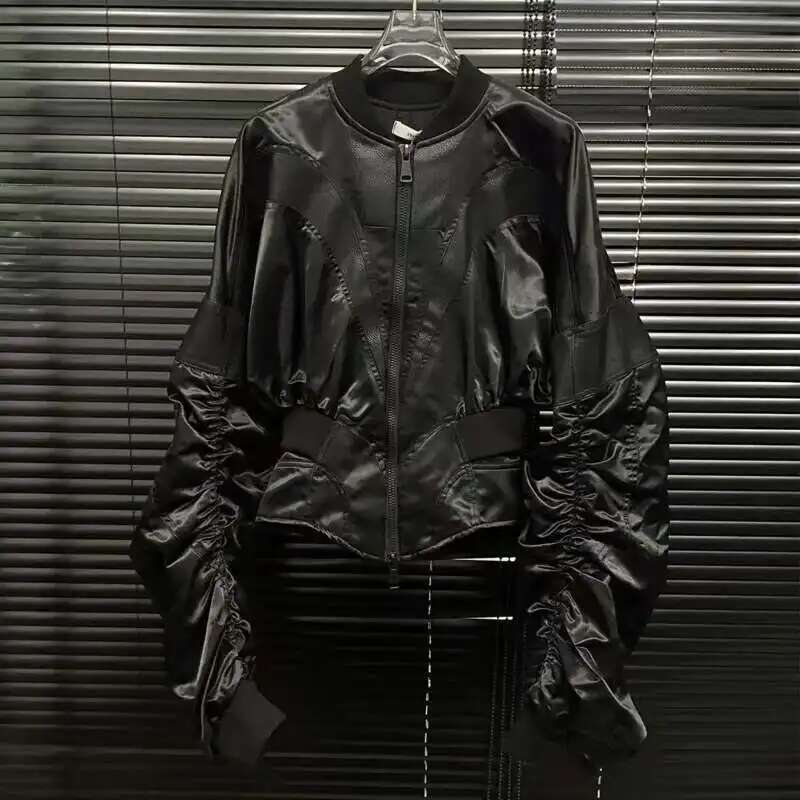 DEAT Fashion Women's Wrinkled Waist Slimming Zipper Leather Jacket Black O-neck Short Coat Trendy Female 11A02983