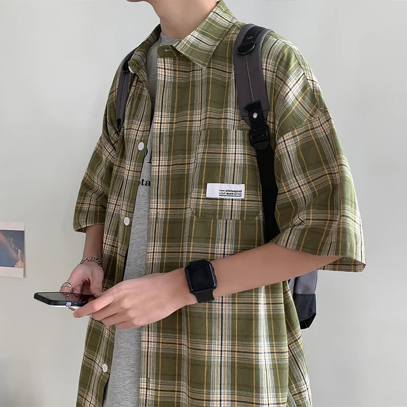 Y2k Streetwear Plaid Men Shirts Summer Fashion Chemise Homme Fashion Mens Checkered Shirts Short Sleeve Men Blouse 250603