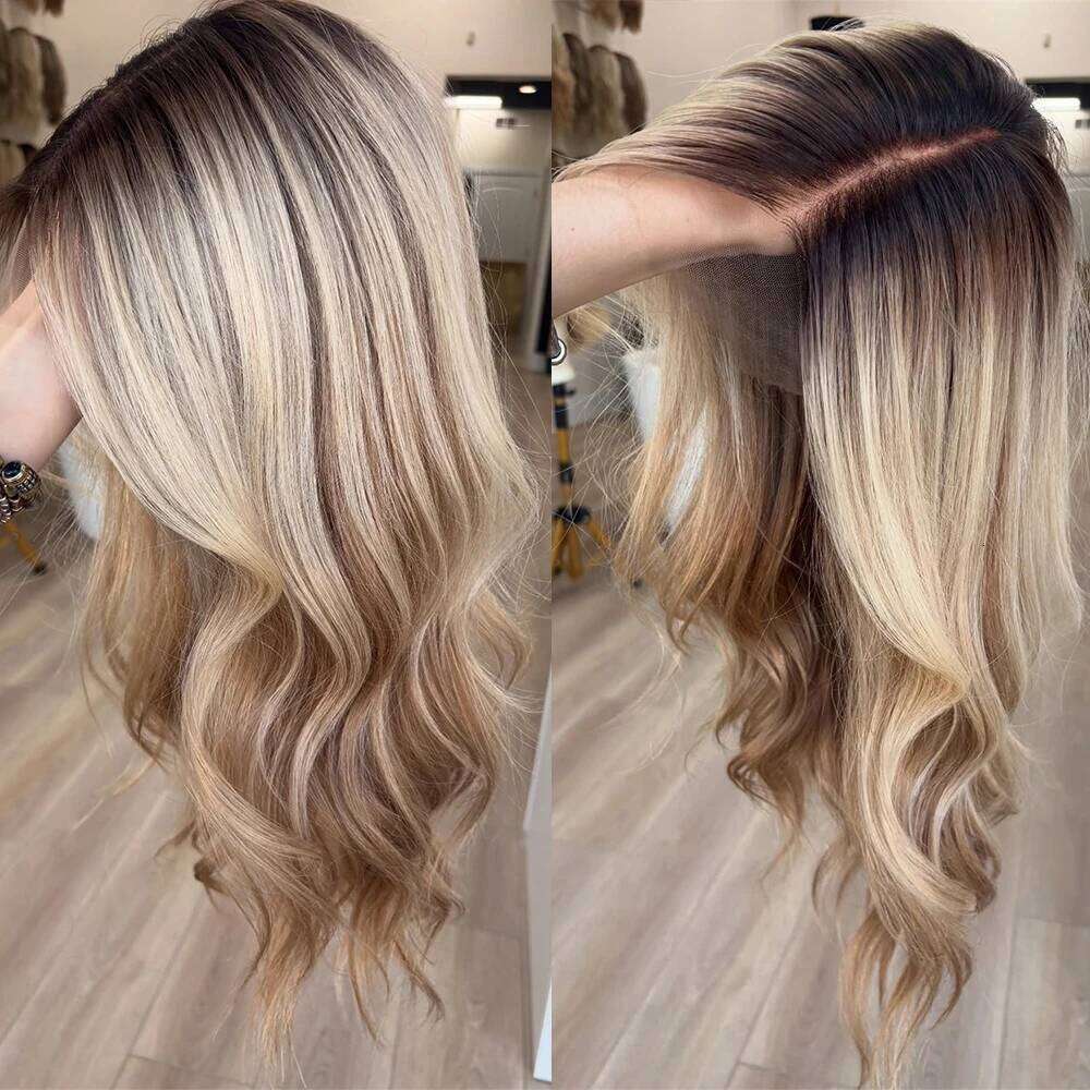 Baby Blonde Balayage Rooty Wavy Classic Long Hairstyle Human Hair Blend HD Invisible Lace Front 13x4 Free Part 26" Wig