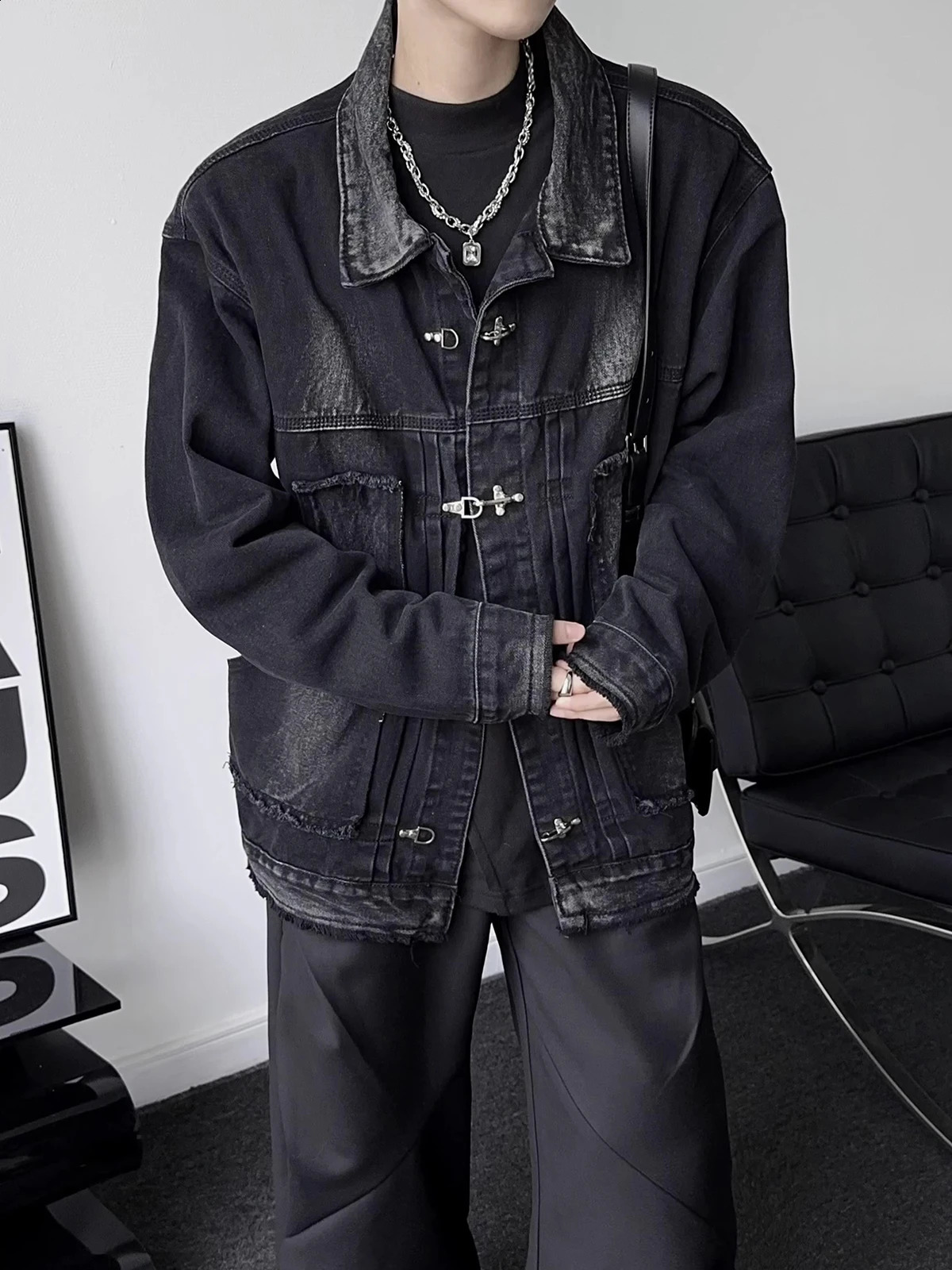 REDDACHIC 90s Mens Button Deconstructed Denim Bomber Jacket Frayed Oversize Coat Distressed Black Hip Hop Street Autumn Outerwear 250529