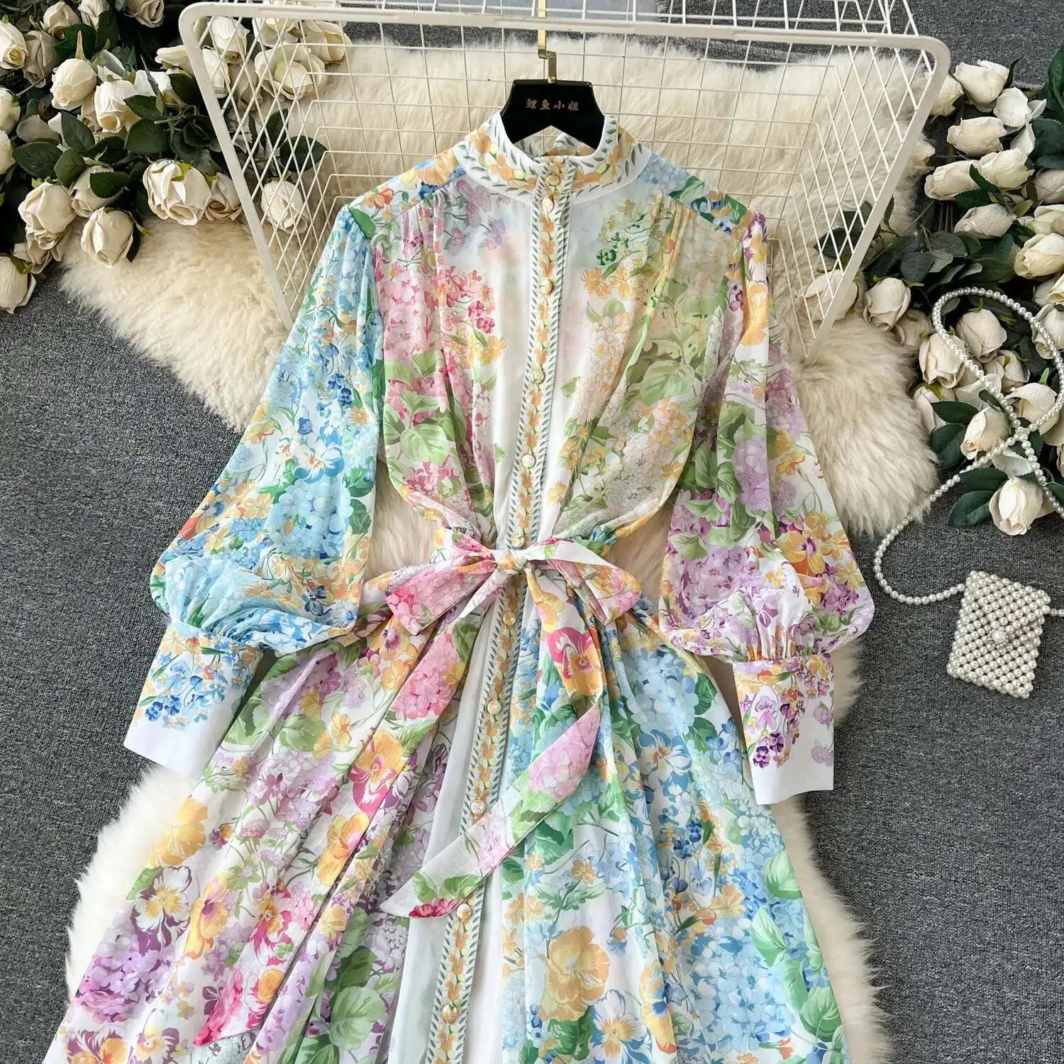 Vintage Elegant Flower Print Loose Long Sleeve Maxi Dress Shirt Women Single Breasted Fashion A Line Style Midi Vestidos 250530