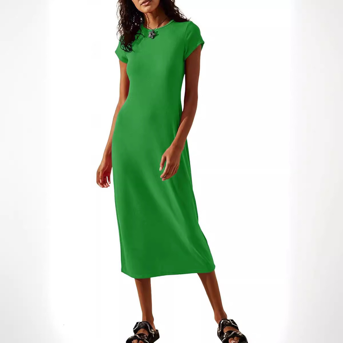 women's wear 2024 New Summer Hot Item Solid Color Sexy Short Sleeve Slim Fit Bodycon Dress for Women