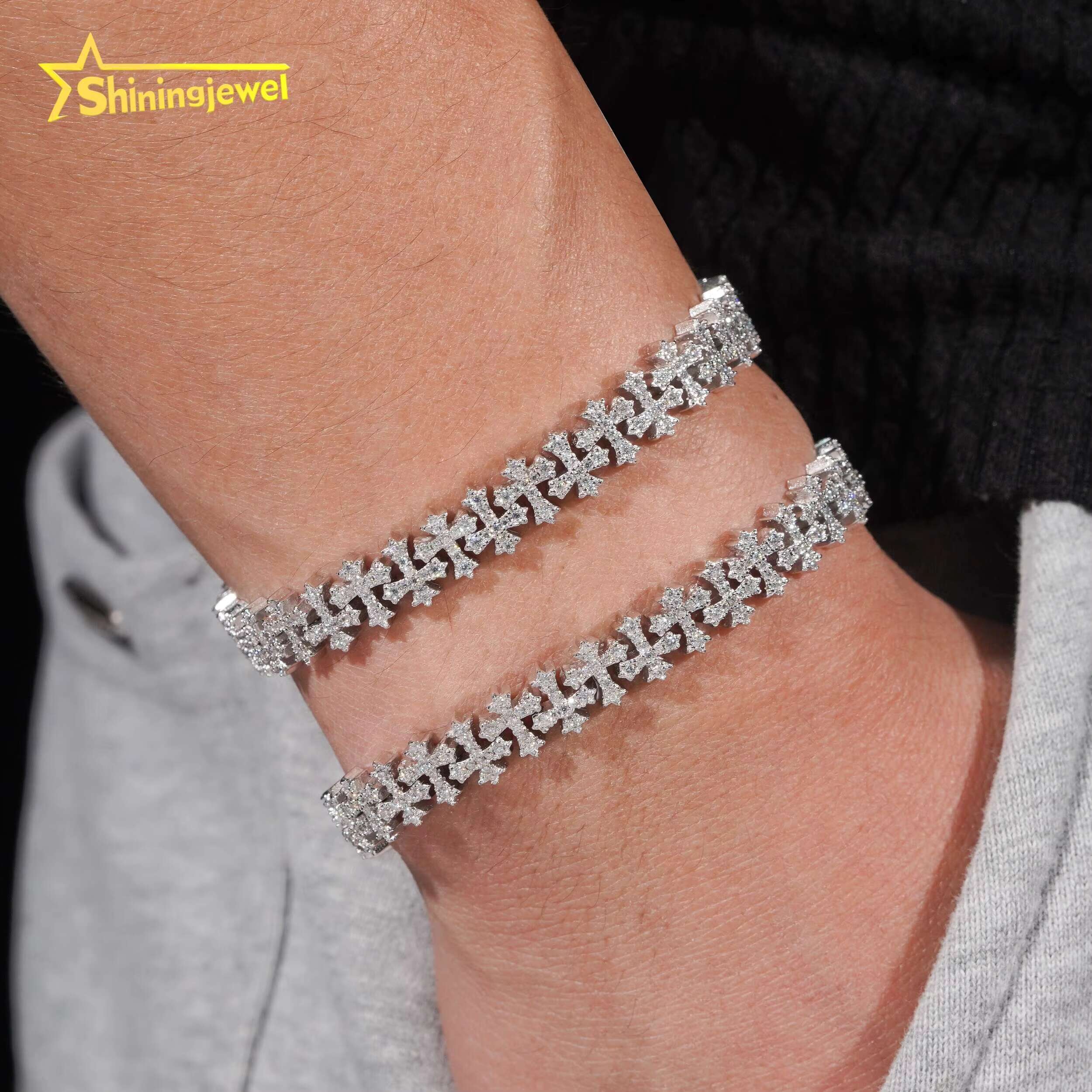 8mm Iced Out Moissanite Cross Bracelets in 925 Silver Micro Pave Diamond Cut Design Unique Custom for Couple