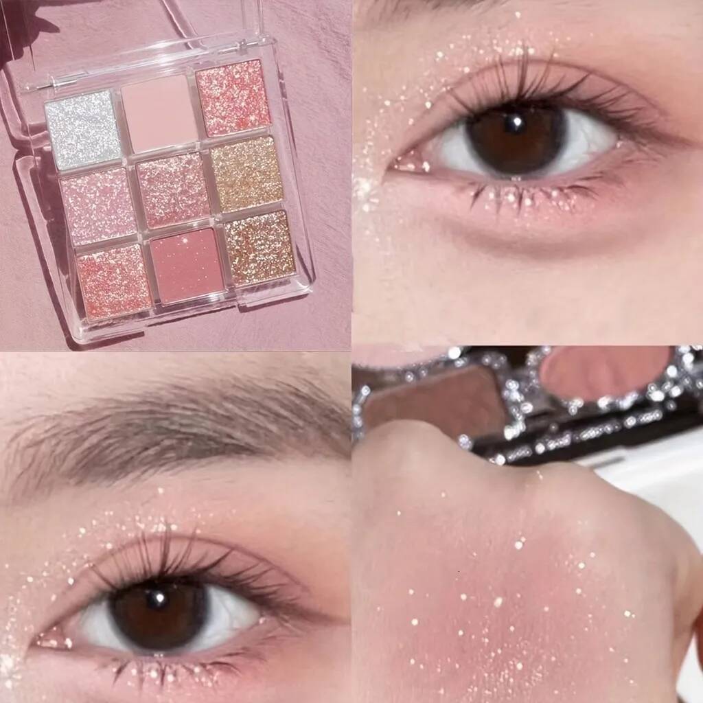 9 Color Pink Eyeshadow Palette, Waterproof, Long-Lasting, Pearly Glitter Finish