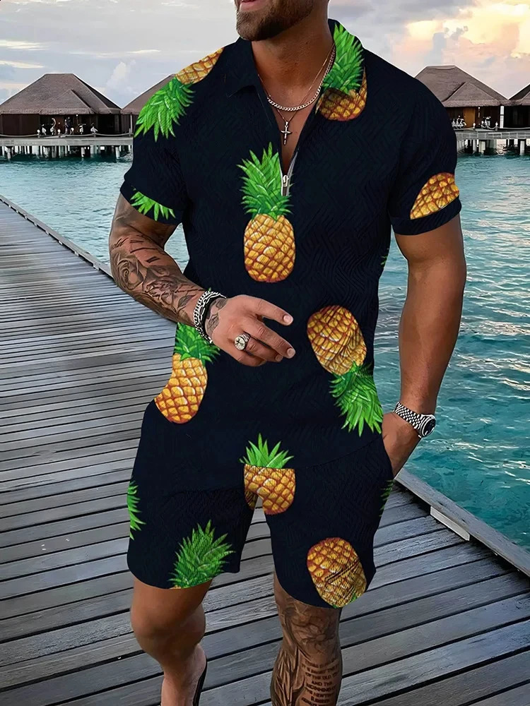 Summer 3D tropical fruits Print Men Polo Set Zipper Lapel Sets Collar And Shorts 2pcs Holiday style Man clothes 250530
