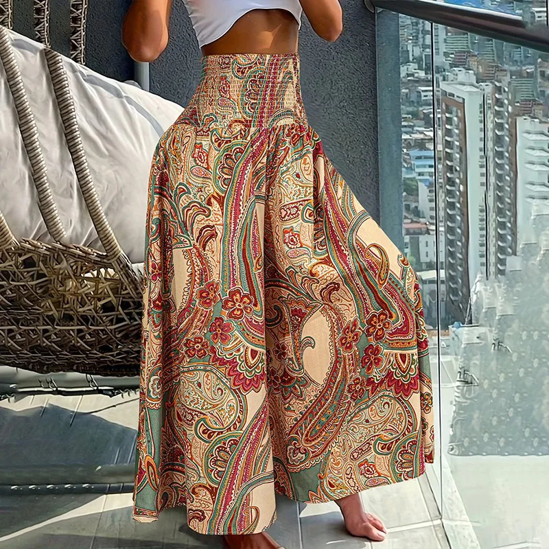 Boho Print Flared Pants Women Retro Elastic Waist Ruffled Loose Flowy Wide Leg Trousers Casual Summer Vacation Beach Pants 250603