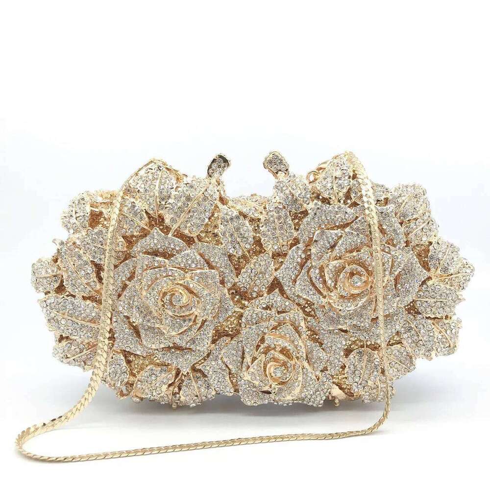 Hollowed-Out Rose Rhinestone Evening Crystal Women's Wedding Bridal Dinner Gown Bag Fashionable Banquet Handbag