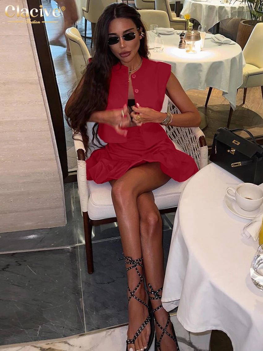Clacive Summer Loose Red Cotton Womens Two Pieces Set 2025 Fashion Sleeveless Tank Top With High Waist Mini Skirt Set Female 250530