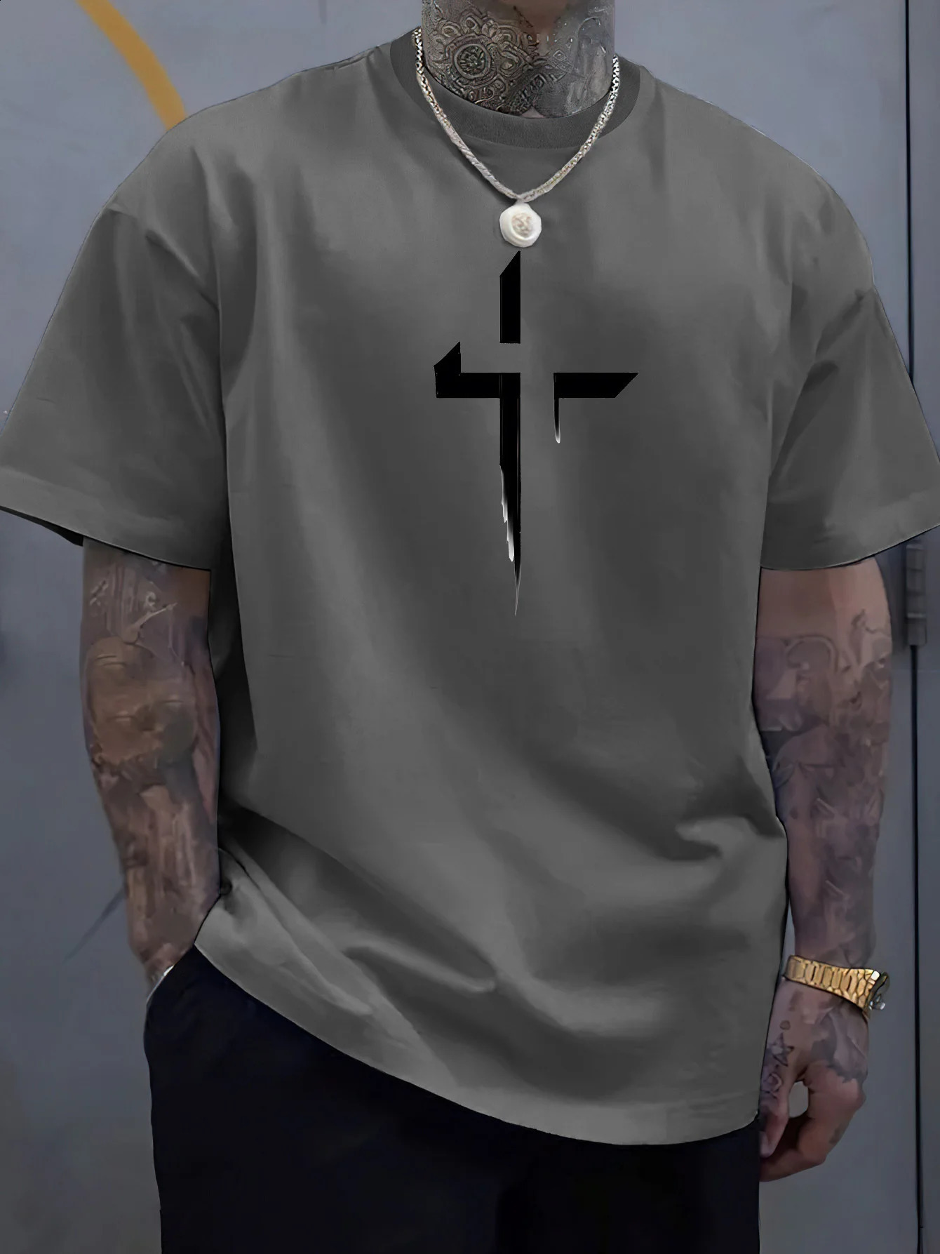 Summer mens 100% pure cotton casual loose plus size Cross Creative printed sports comfortable round neck short sleeved T-shirt 250530